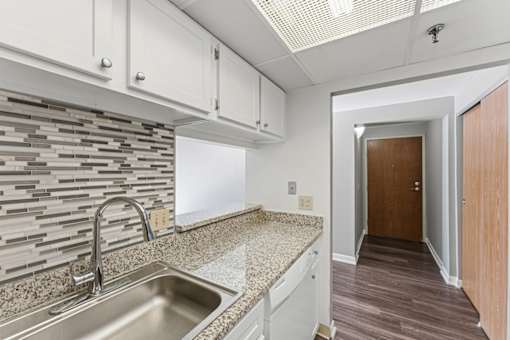 A kitchen with a sink and a counter top.