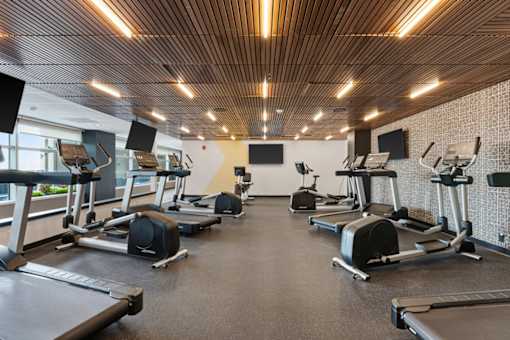 A gym with treadmills, elliptical machines, and other exercise equipment.
