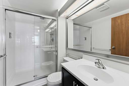 A modern bathroom with a white sink and a walk-in shower.