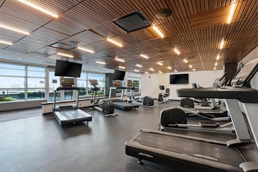 A gym with treadmills and exercise equipment.