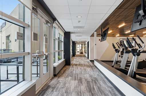 A gym with treadmills and a row of windows.
