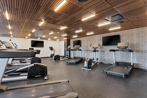 A gym with treadmills, exercise bikes, and other equipment.