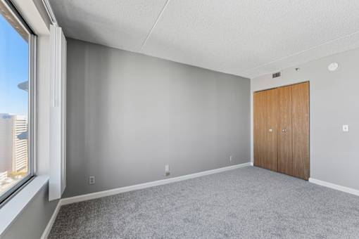 A room with a grey carpet, a wooden door and a window.