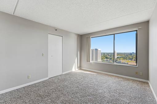 A room with a carpeted floor, a door, and a window overlooking a cityscape.