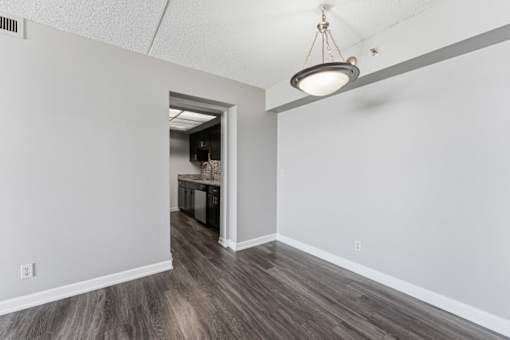 A room with a wooden floor and a light hanging from the ceiling.