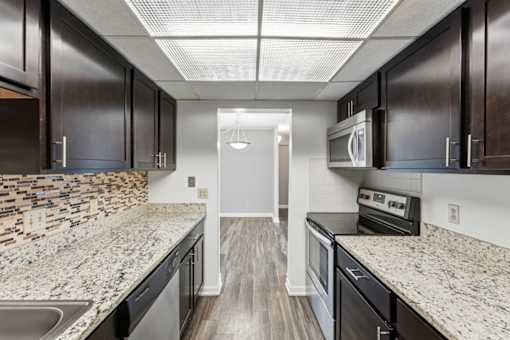 A kitchen with black cabinets and a white door in the background.