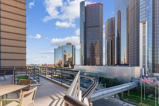 A cityscape with tall buildings and a clear sky.
