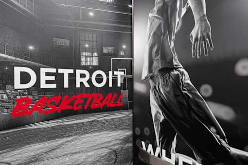 A black and white image of a basketball player in action with the words "Detroit Basketball" in the background.