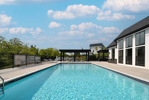 A swimming pool in a sunny backyard.