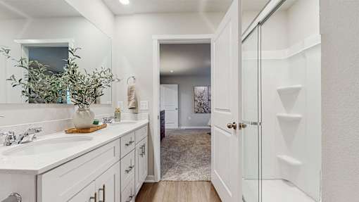 A bathroom with a white sink and a white door.