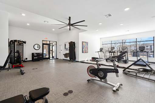 A gym with a variety of exercise equipment including a treadmill, rowing machine, and weight machines.