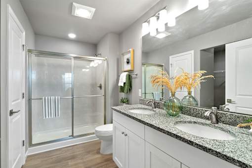 A bathroom with a walk-in shower, double sinks, and a toilet.