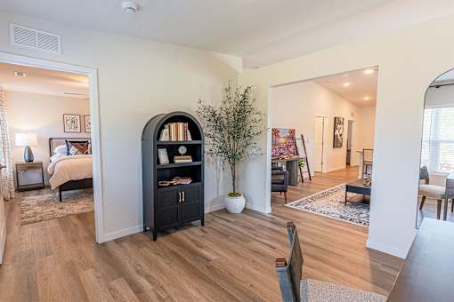 A living room with a bookcase and a tree in a pot.