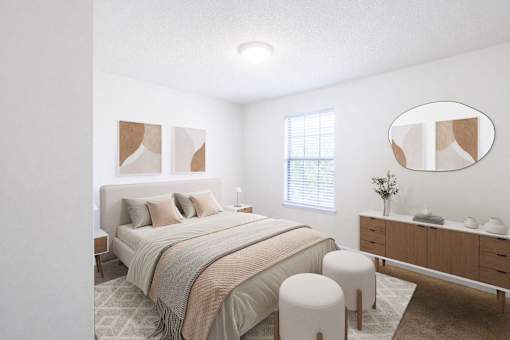 A bedroom with a large bed, a dresser, and a mirror.