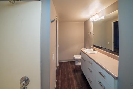 A bathroom with a toilet, sink, and mirror.