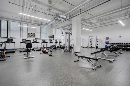 A gym with a variety of exercise equipment.