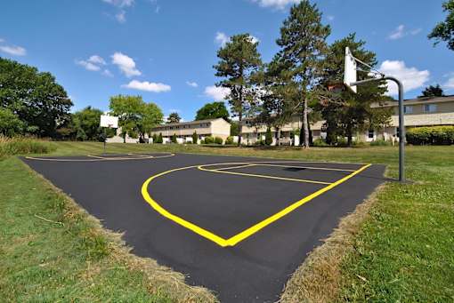A basketball court with a yellow outline on a sunny day.