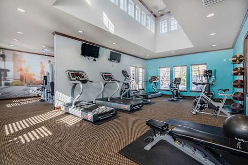 A gym with treadmills, exercise bikes, and other equipment.