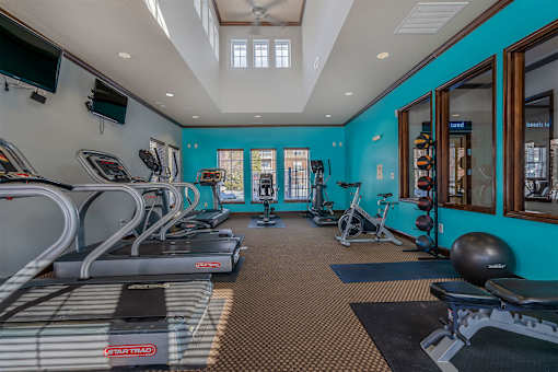 A gym with treadmills, exercise bikes, and other equipment.