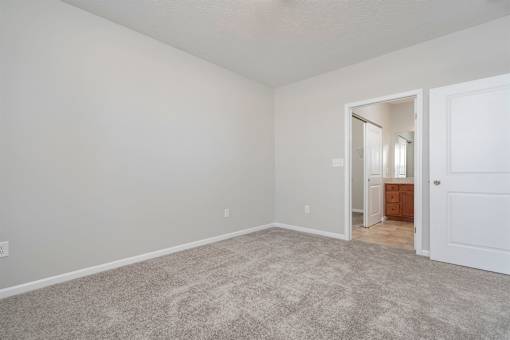 A room with a carpeted floor and a doorway leading to another room.