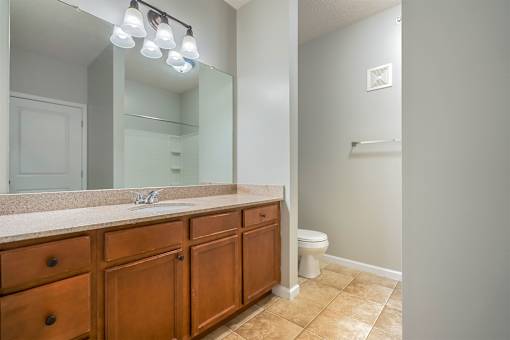 A bathroom with a sink, mirror, and toilet.