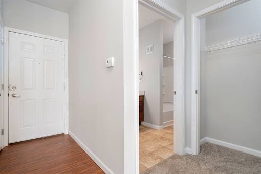 A white door is on the left and a white closet is on the right.