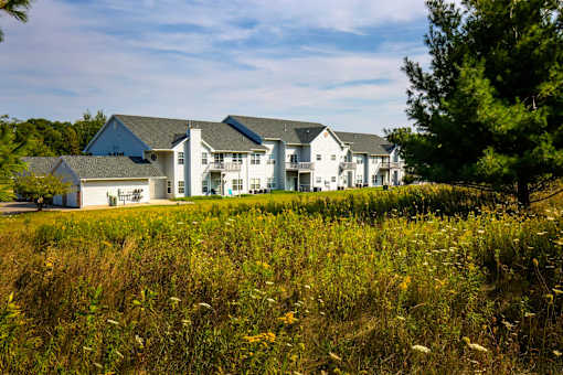 A white house with a grey roof is surrounded by greenery.