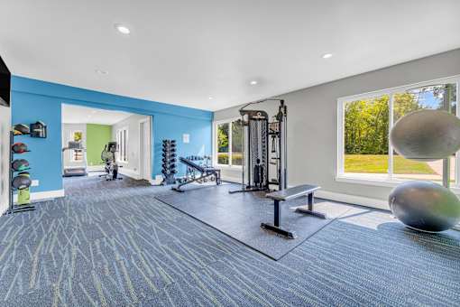 A gym with a blue carpet and a variety of equipment.