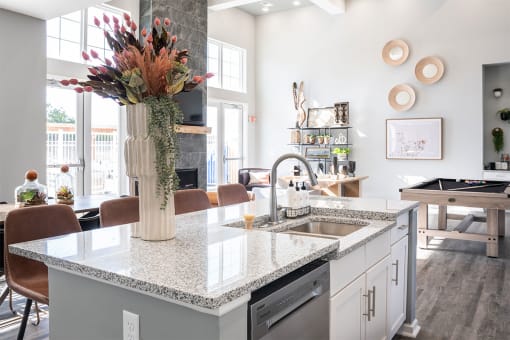a kitchen with a counter top and a sink