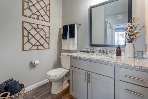 A bathroom with a toilet, sink, and mirror.