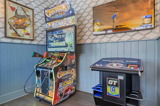 A small arcade room with a Big Buck Hunter machine and a smaller GT machine.