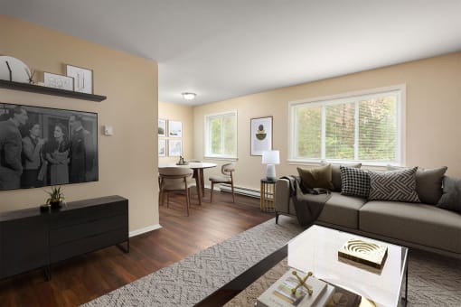 a living room with a couch and a table