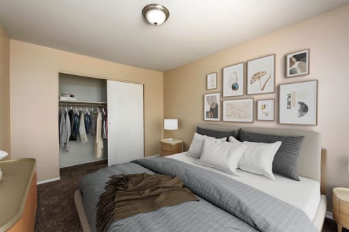 a bedroom with a bed and a closet