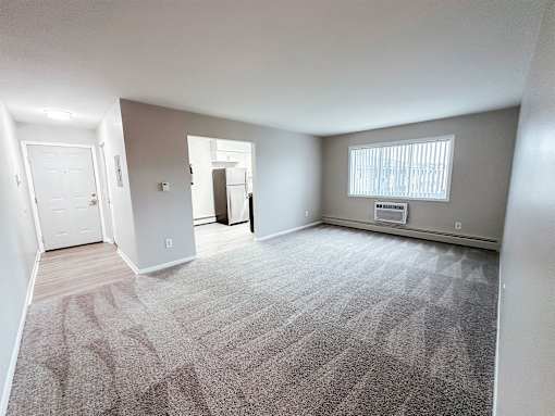 A carpeted room with a door and a window.