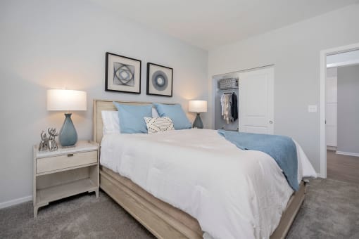a bedroom with a bed and a closet