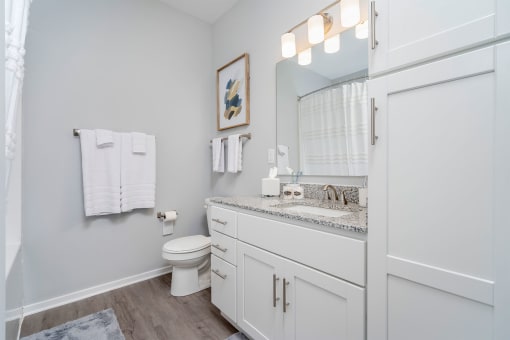a white bathroom with a large mirror and a toilet