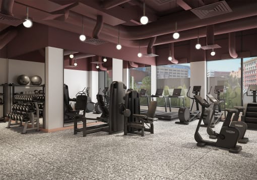 apartment fitness center with cardio and weight equipment