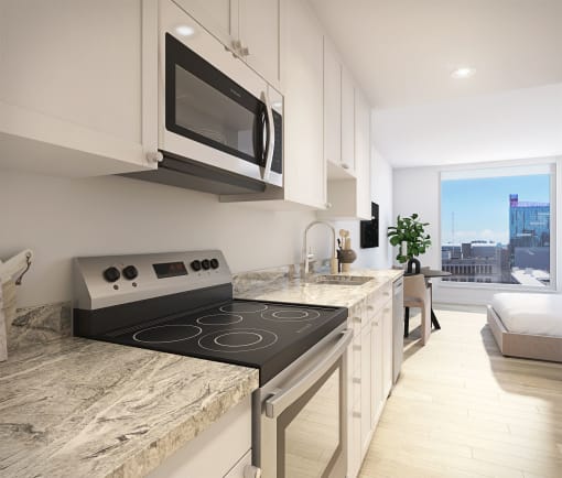 apartment kitchen with stainless steel appliances and city view