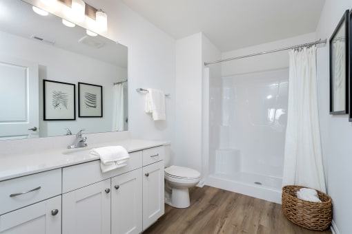 a bathroom with white cabinetry and a white shower curtain