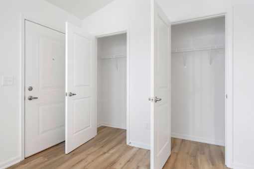 a bedroom with two closets and a hardwood floor