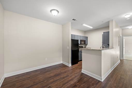 A kitchen area with a counter and cabinets.