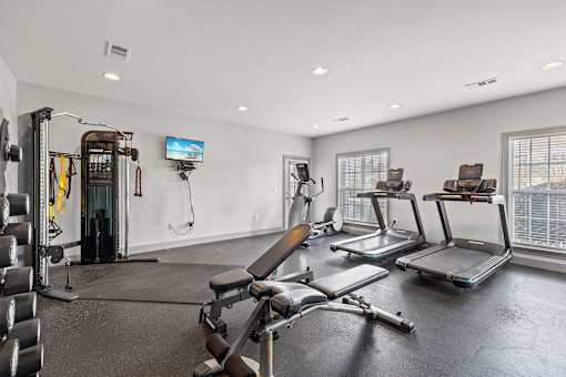 A home gym with a variety of equipment including a treadmill, weights, and a television.