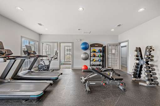 A spacious home gym with treadmills, exercise balls, and dumbbells.