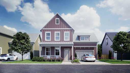 A two-story house with a garage and a car parked in front.