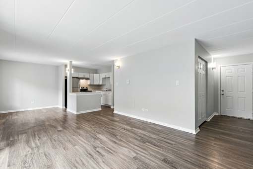 A room with a kitchenette and a door.