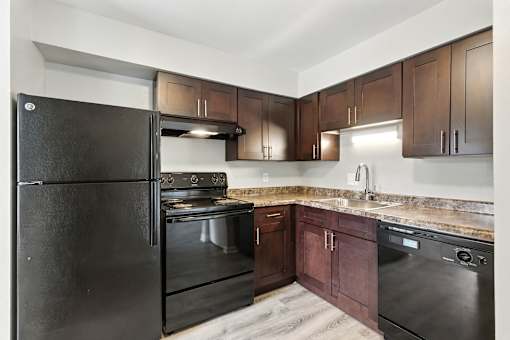 A black refrigerator is in a kitchen with wooden cabinets.
