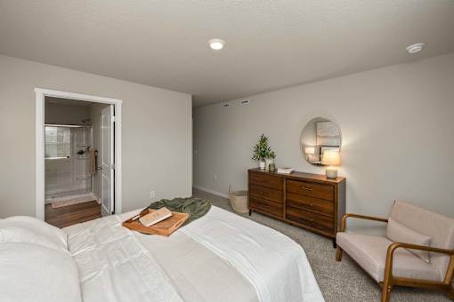 A bedroom with a bed, chair, and dresser.