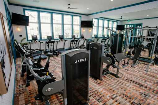 A gym with a row of True brand machines.