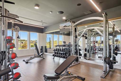 A well-equipped gym with a variety of exercise machines and weights.