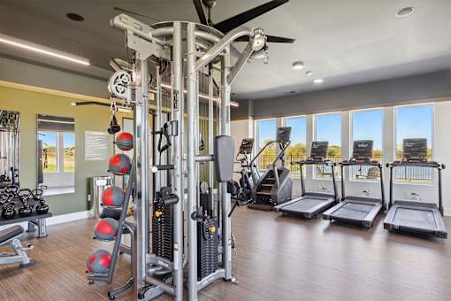 A gym with a variety of equipment including treadmills, weights, and a ceiling fan.